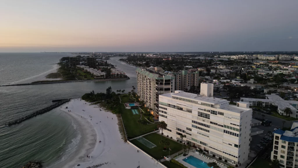 Aerial photo of St. Pete Beach and Treasure Island at twilight